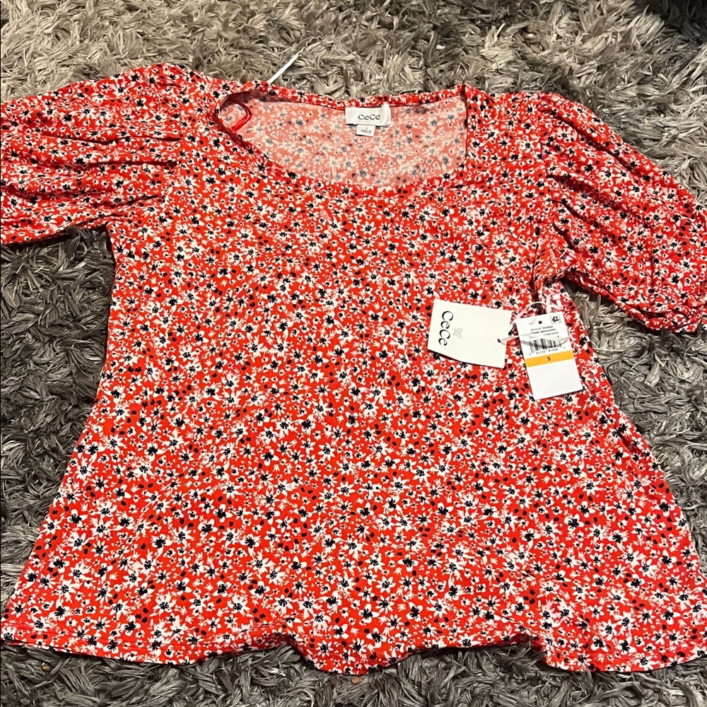 CeCe Red Floral Blouse